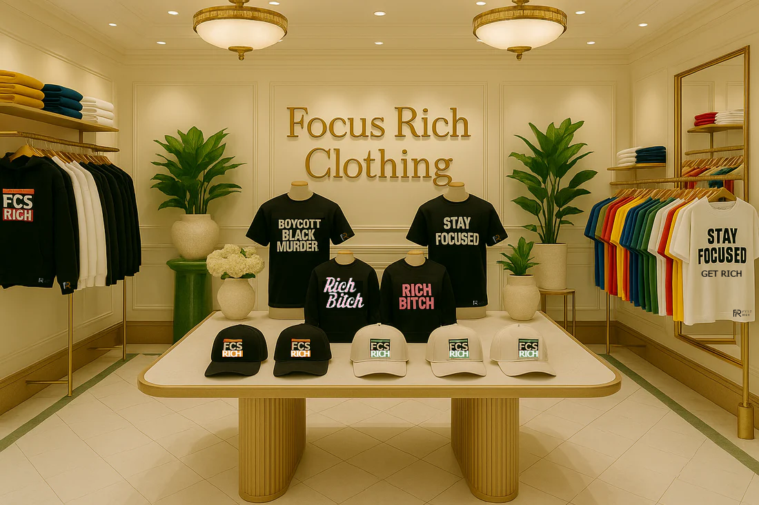 Interior view of the Focus Rich Clothing store at the Beverly Center, featuring racks of premium streetwear hoodies and tees, and display tables with exclusive hats.